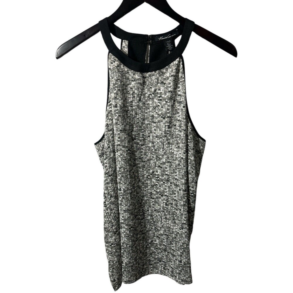 NWT Kenneth Cole Top Large Grey Black Blouse Halter Tank Career Closet Staple